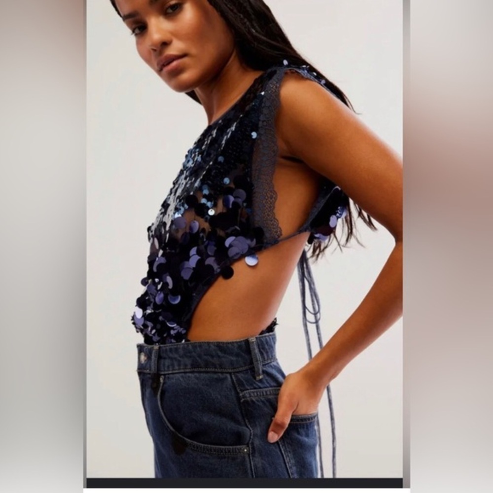 Free People intimately Main Character navy‎ blue sequin lace open back Bodysuit - Picture 2 of 4